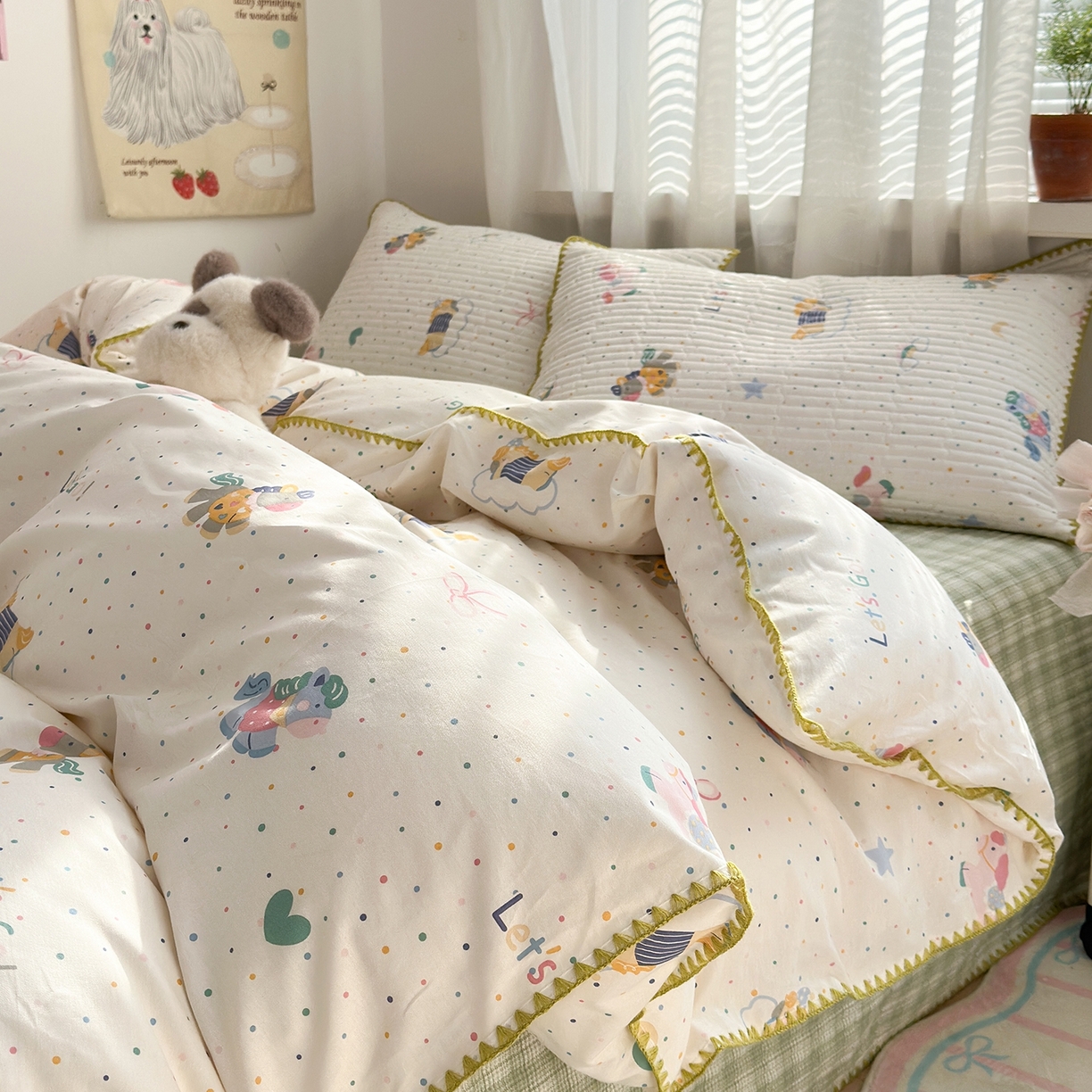 91家纺网 家纺一手货源 找家纺 妮可 2026新款贝壳边双面全棉床盖四件套 快乐小马