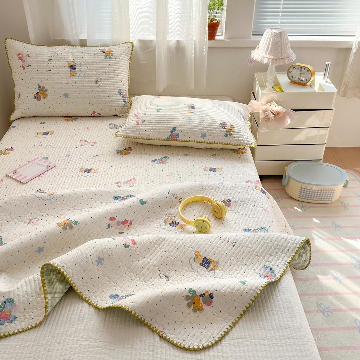 91家纺网 家纺一手货源 找家纺 妮可 2026新款贝壳边双面全棉床盖四件套 快乐小马