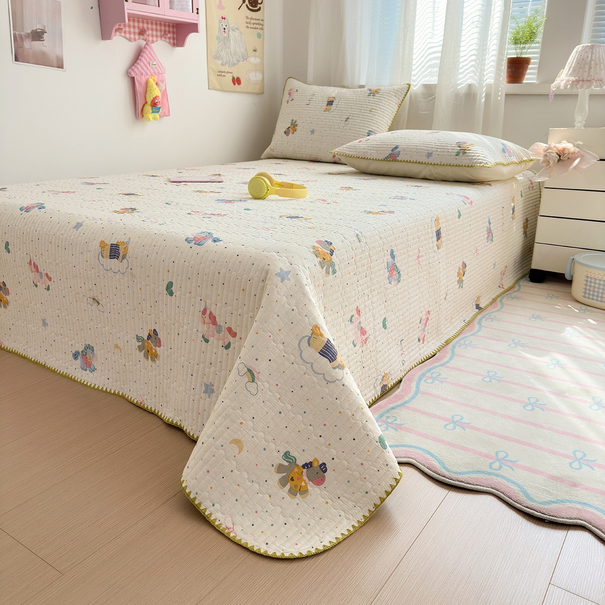 91家纺网 家纺一手货源 找家纺 妮可 2026新款贝壳边双面全棉床盖四件套 快乐小马