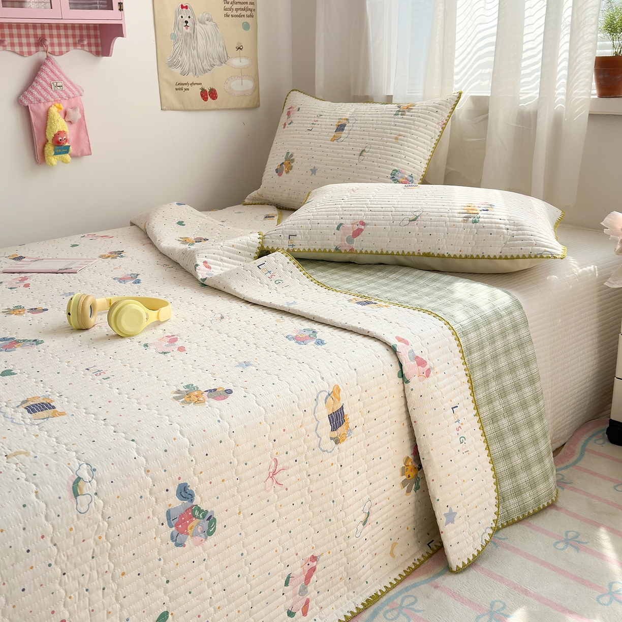 91家纺网 家纺一手货源 找家纺 妮可 2026新款贝壳边双面全棉床盖四件套 快乐小马