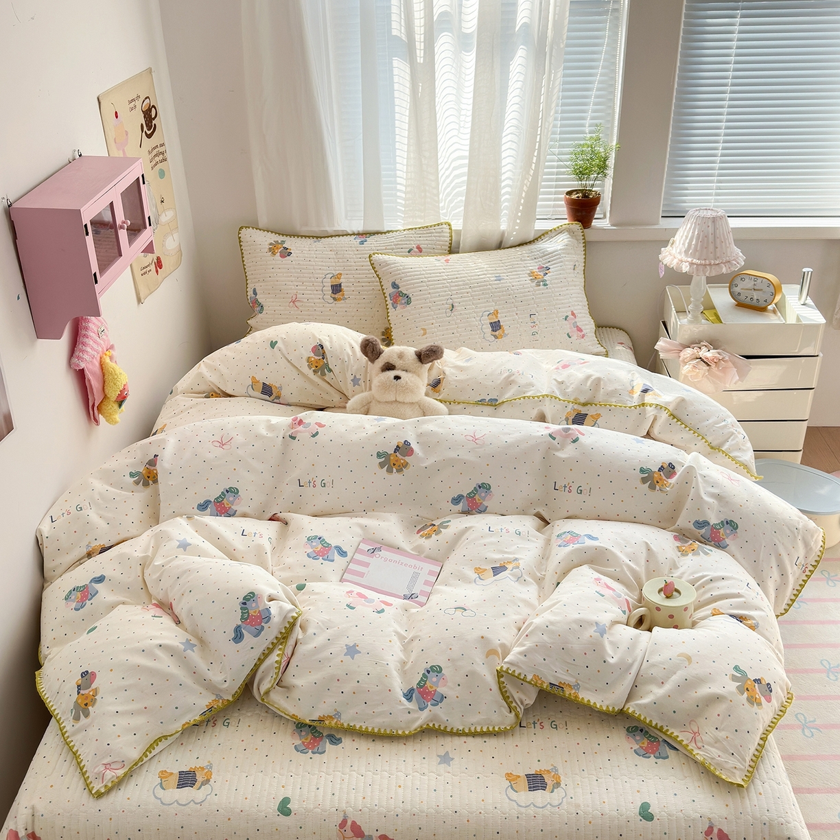 91家纺网 家纺一手货源 找家纺 妮可 2026新款贝壳边双面全棉床盖四件套 快乐小马