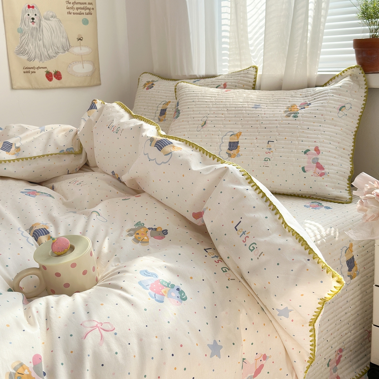 91家纺网 家纺一手货源 找家纺 妮可 2026新款贝壳边双面全棉床盖四件套 快乐小马