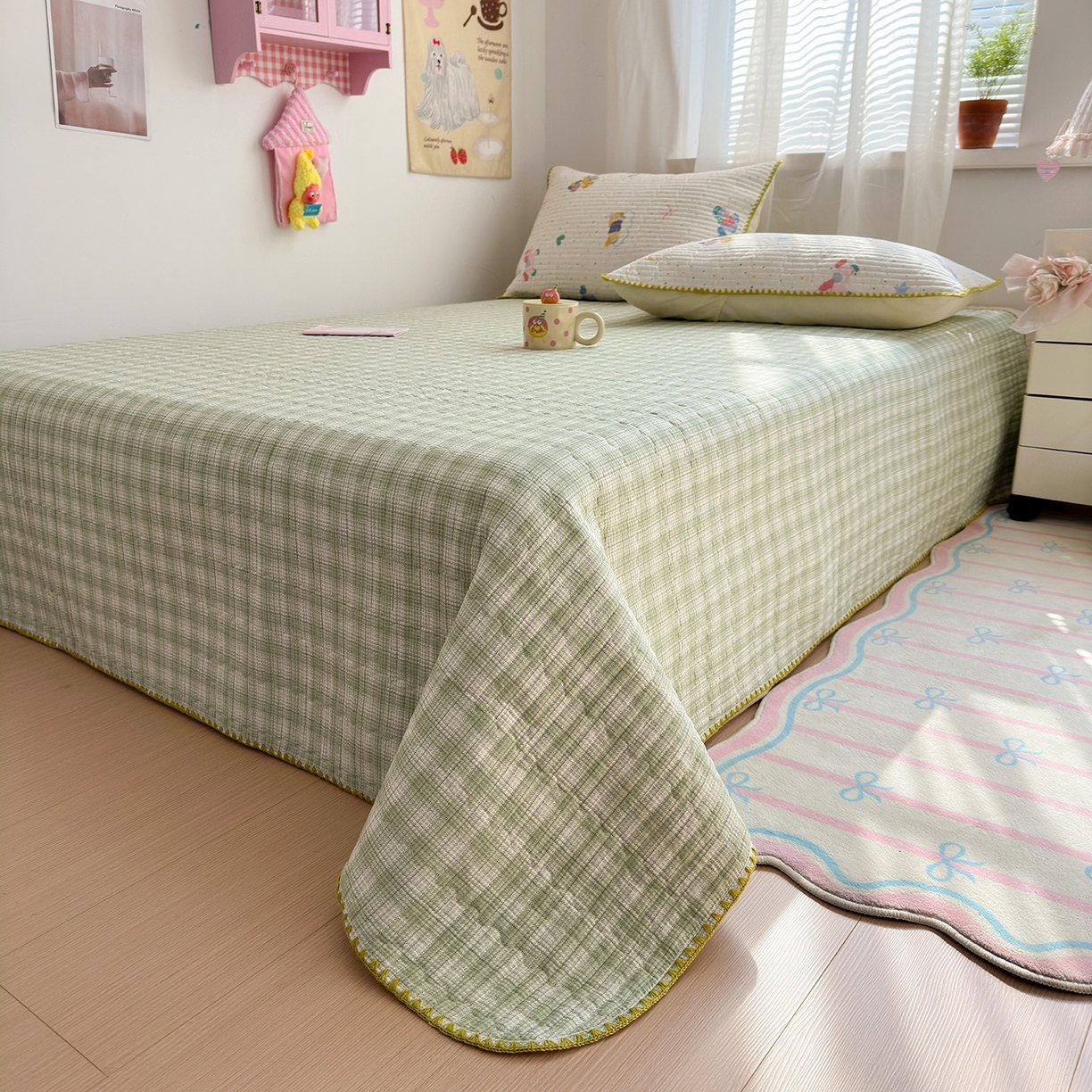 91家纺网 家纺一手货源 找家纺 妮可 2026新款贝壳边双面全棉床盖四件套 快乐小马