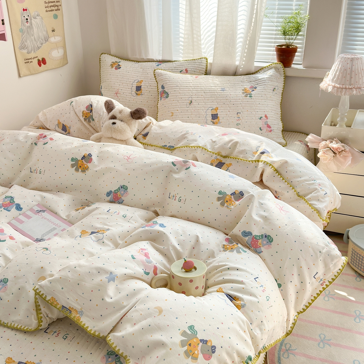 91家纺网 家纺一手货源 找家纺 妮可 2026新款贝壳边双面全棉床盖四件套 快乐小马