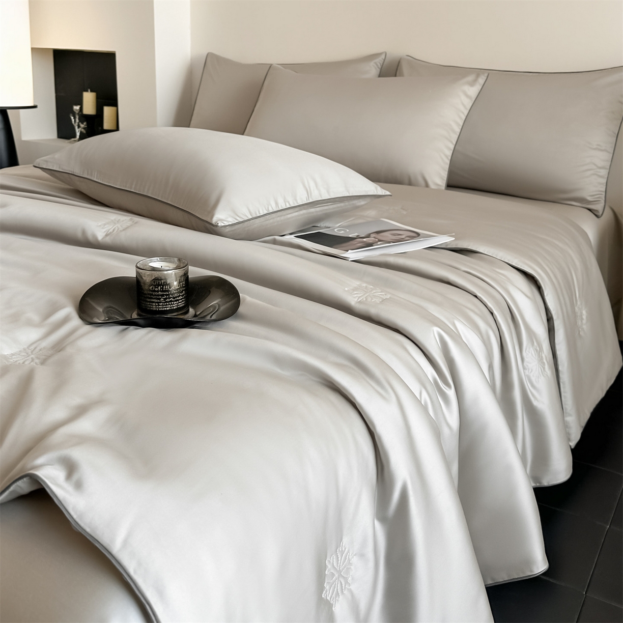 91家纺网 家纺一手货源 找家纺 无界 2026新款水洗真丝夏被-麻绳雪花绗缝-伊芙琳 伊芙琳 冰川灰