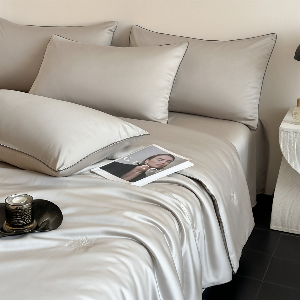 91家纺网 家纺一手货源 找家纺 无界 2026新款水洗真丝夏被-麻绳雪花绗缝-伊芙琳 伊芙琳 冰川灰