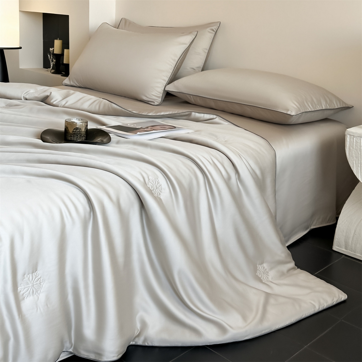 91家纺网 家纺一手货源 找家纺 无界 2026新款水洗真丝夏被-麻绳雪花绗缝-伊芙琳 伊芙琳 冰川灰