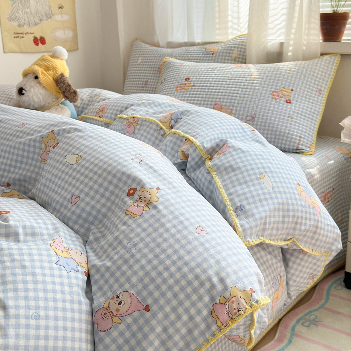 妮可 2026新款贝壳边双面全棉床盖四件套 蓝格星星仔