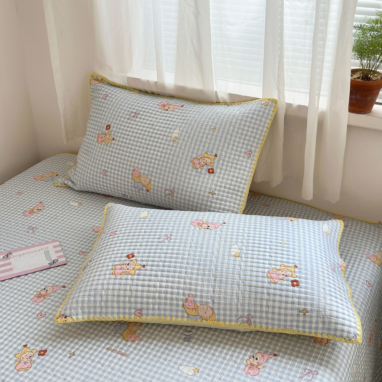 91家纺网 家纺一手货源 找家纺 妮可 2026新款贝壳边双面全棉床盖四件套 蓝格星星仔