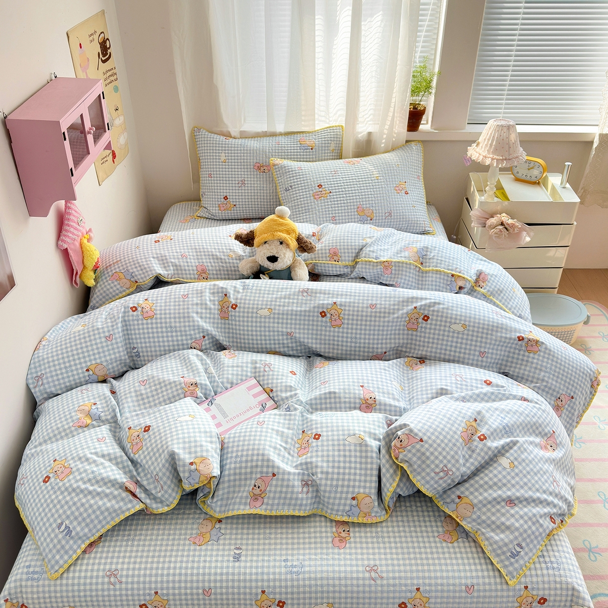 91家纺网 家纺一手货源 找家纺 妮可 2026新款贝壳边双面全棉床盖四件套 蓝格星星仔