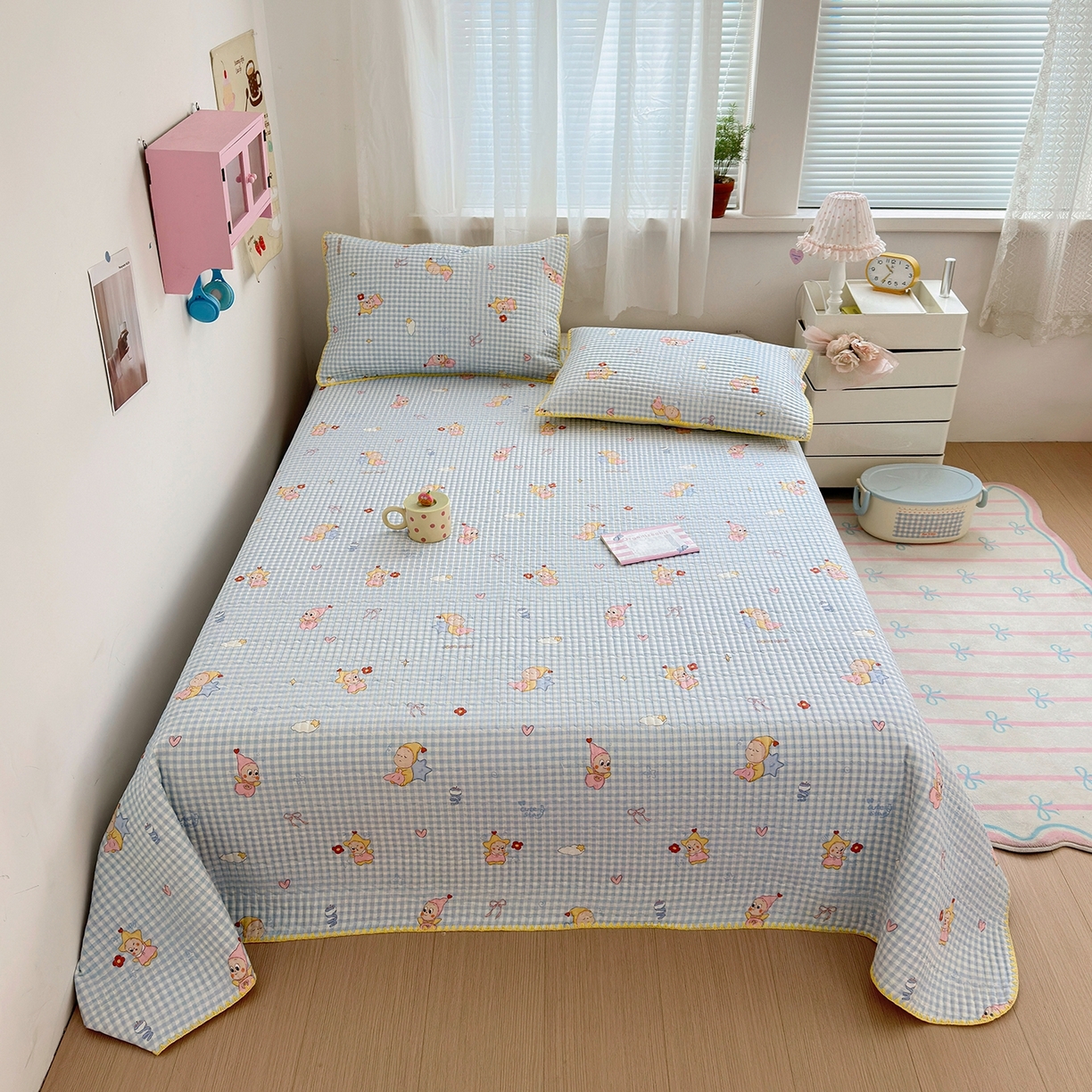 91家纺网 家纺一手货源 找家纺 妮可 2026新款贝壳边双面全棉床盖四件套 蓝格星星仔