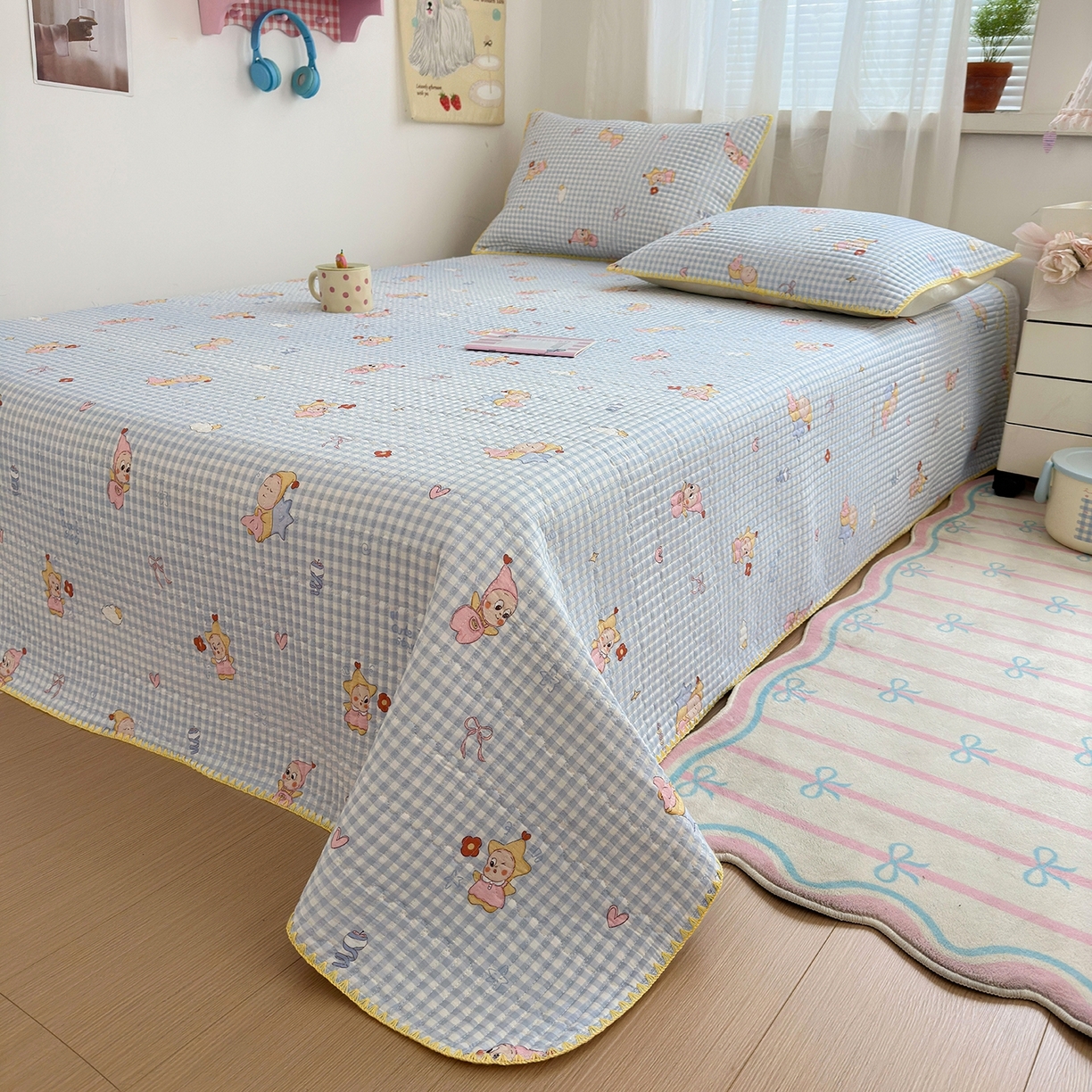 91家纺网 家纺一手货源 找家纺 妮可 2026新款贝壳边双面全棉床盖四件套 蓝格星星仔