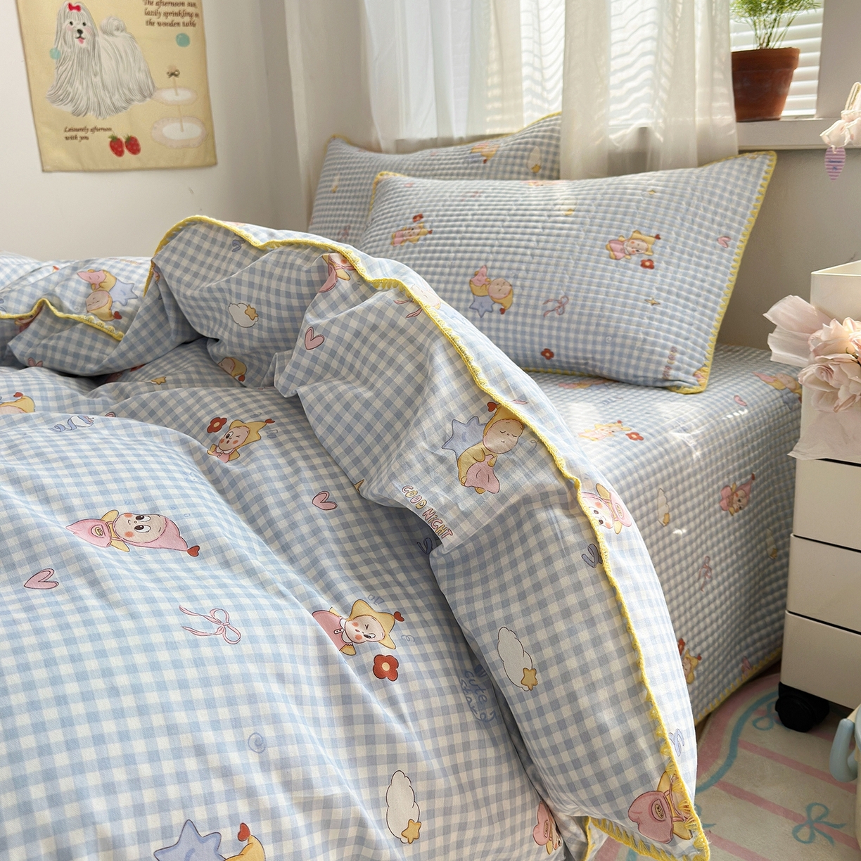 91家纺网 家纺一手货源 找家纺 妮可 2026新款贝壳边双面全棉床盖四件套 蓝格星星仔