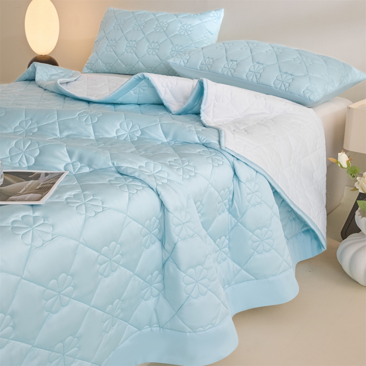 91家纺网 家纺一手货源 找家纺 DC 2026新款莱赛尔天丝夹棉花朵绗缝单品床盖 淡海蓝