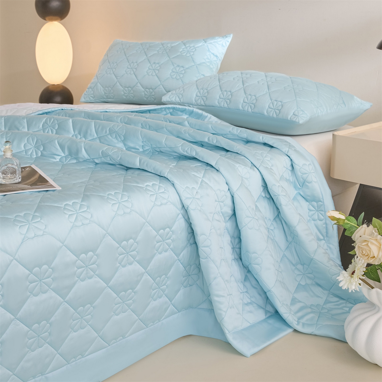 91家纺网 家纺一手货源 找家纺 DC 2026新款莱赛尔天丝夹棉花朵绗缝单品床盖 淡海蓝