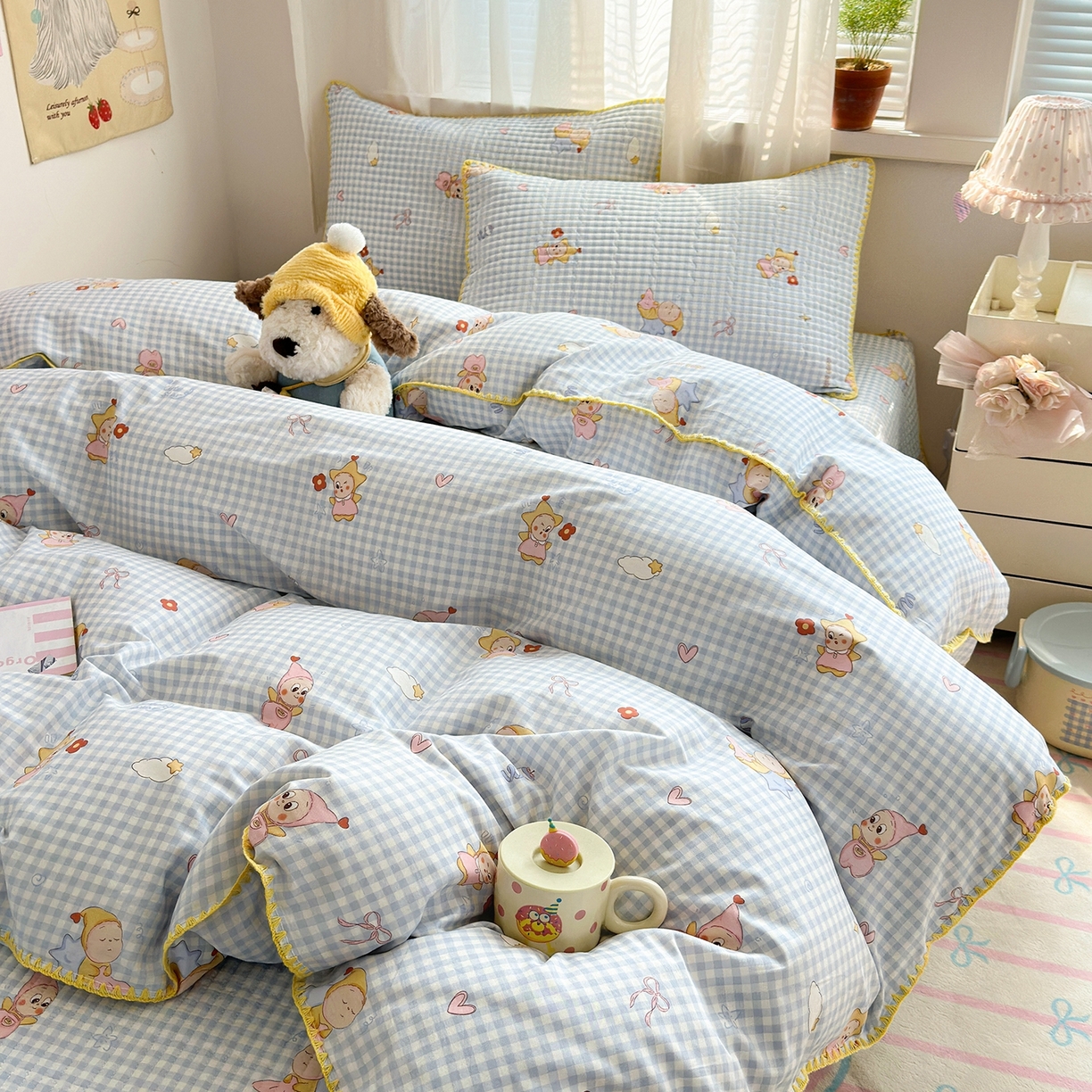 91家纺网 家纺一手货源 找家纺 妮可 2026新款贝壳边双面全棉床盖四件套 蓝格星星仔