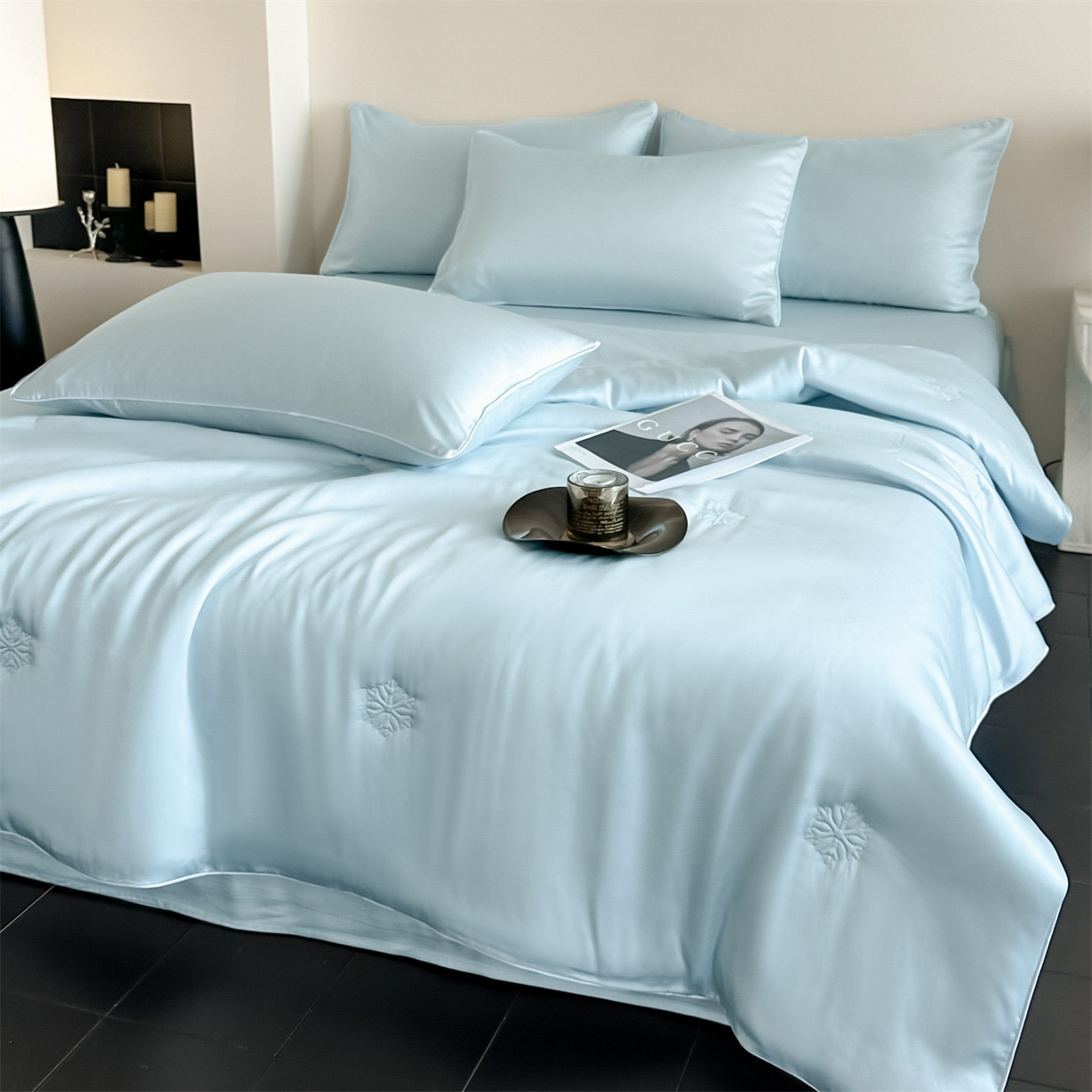 91家纺网 家纺一手货源 找家纺 无界 2026新款水洗真丝夏被-麻绳雪花绗缝-伊芙琳 伊芙琳 淡海蓝