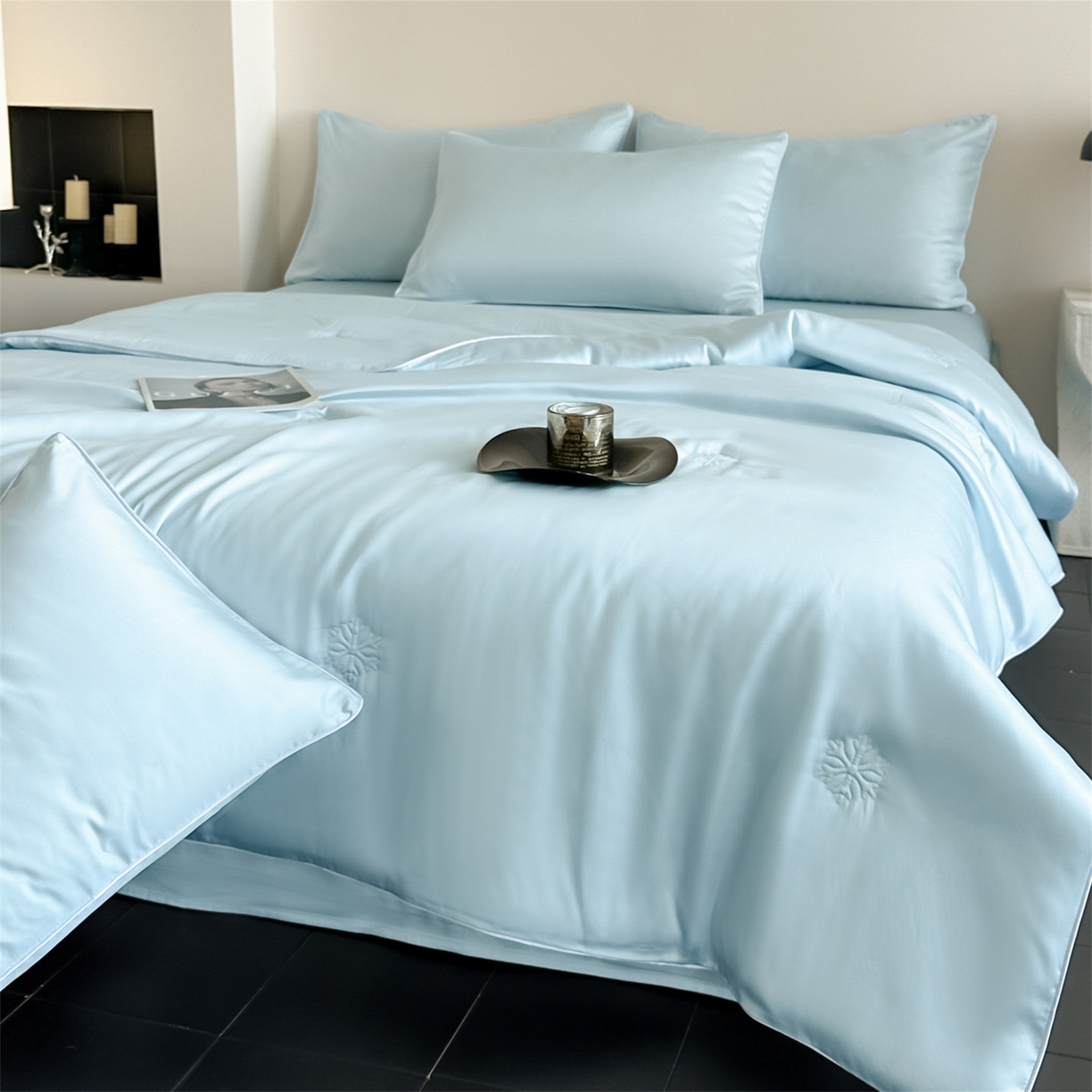 91家纺网 家纺一手货源 找家纺 无界 2026新款水洗真丝夏被-麻绳雪花绗缝-伊芙琳 伊芙琳 淡海蓝