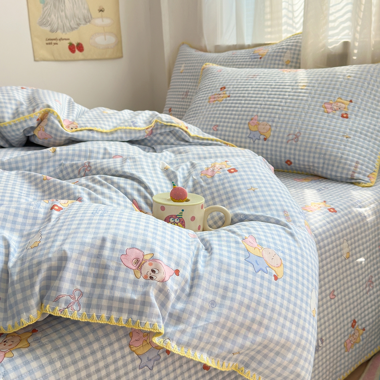 91家纺网 家纺一手货源 找家纺 妮可 2026新款贝壳边双面全棉床盖四件套 蓝格星星仔