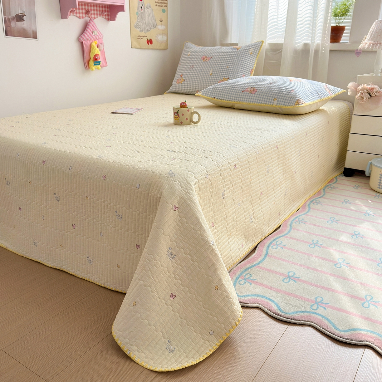 91家纺网 家纺一手货源 找家纺 妮可 2026新款贝壳边双面全棉床盖四件套 蓝格星星仔