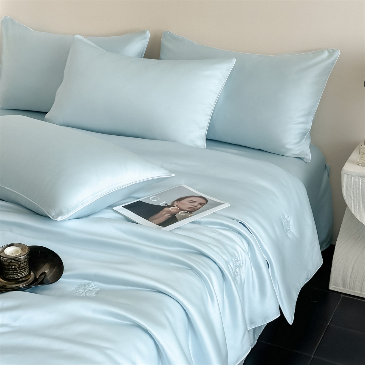 91家纺网 家纺一手货源 找家纺 无界 2026新款水洗真丝夏被-麻绳雪花绗缝-伊芙琳 伊芙琳 淡海蓝