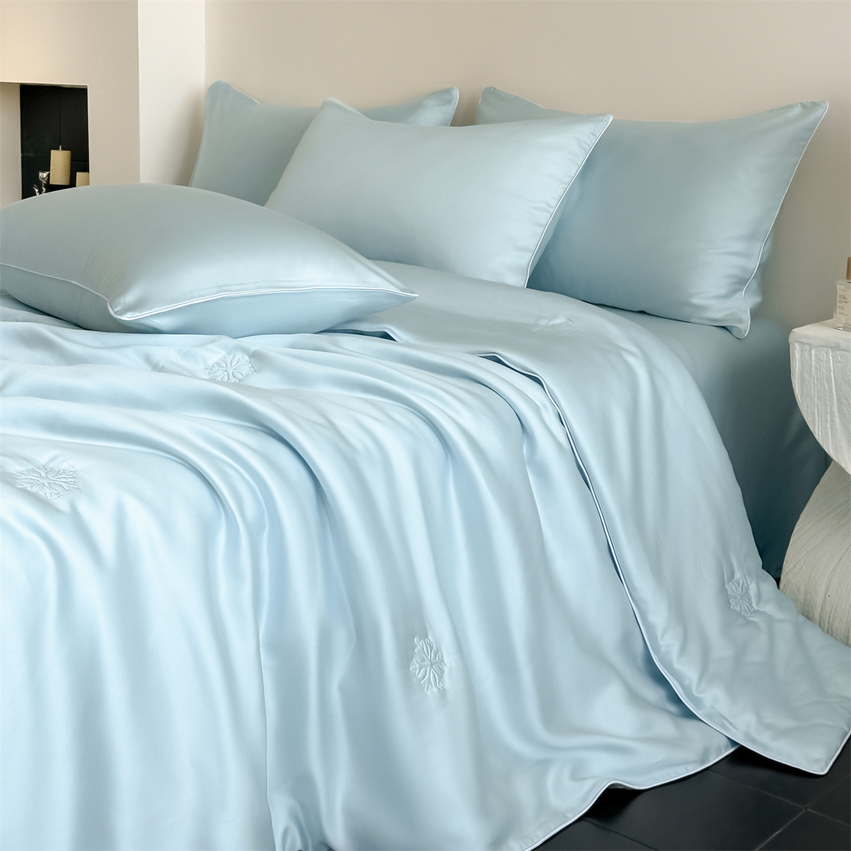 91家纺网 家纺一手货源 找家纺 无界 2026新款水洗真丝夏被-麻绳雪花绗缝-伊芙琳 伊芙琳 淡海蓝