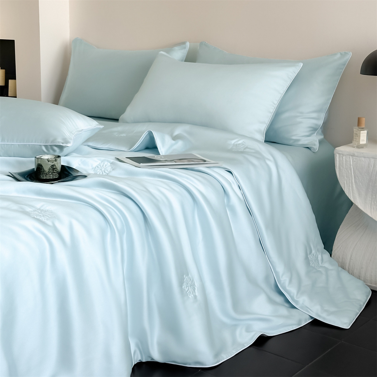 91家纺网 家纺一手货源 找家纺 无界 2026新款水洗真丝夏被-麻绳雪花绗缝-伊芙琳 伊芙琳 淡海蓝