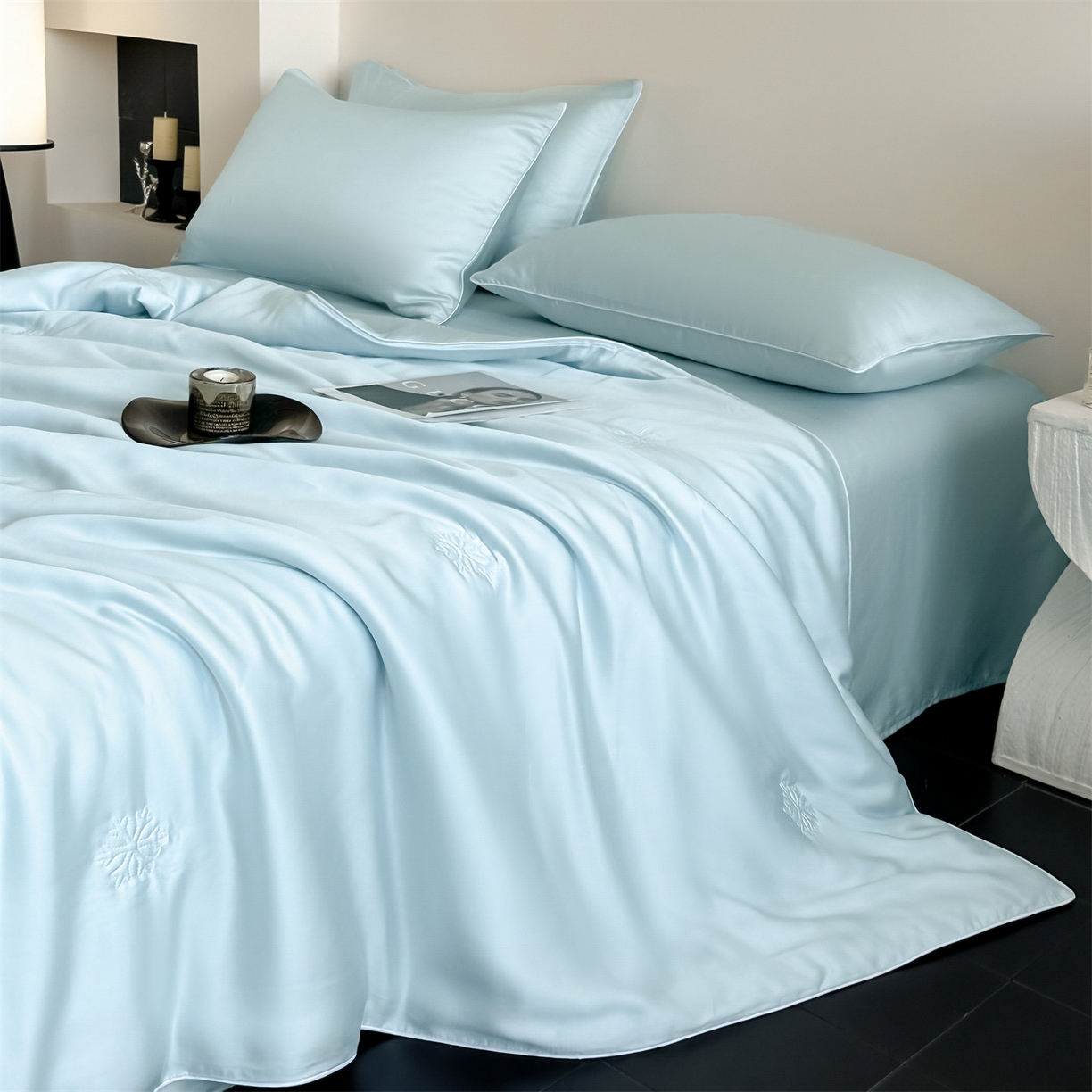 91家纺网 家纺一手货源 找家纺 无界 2026新款水洗真丝夏被-麻绳雪花绗缝-伊芙琳 伊芙琳 淡海蓝