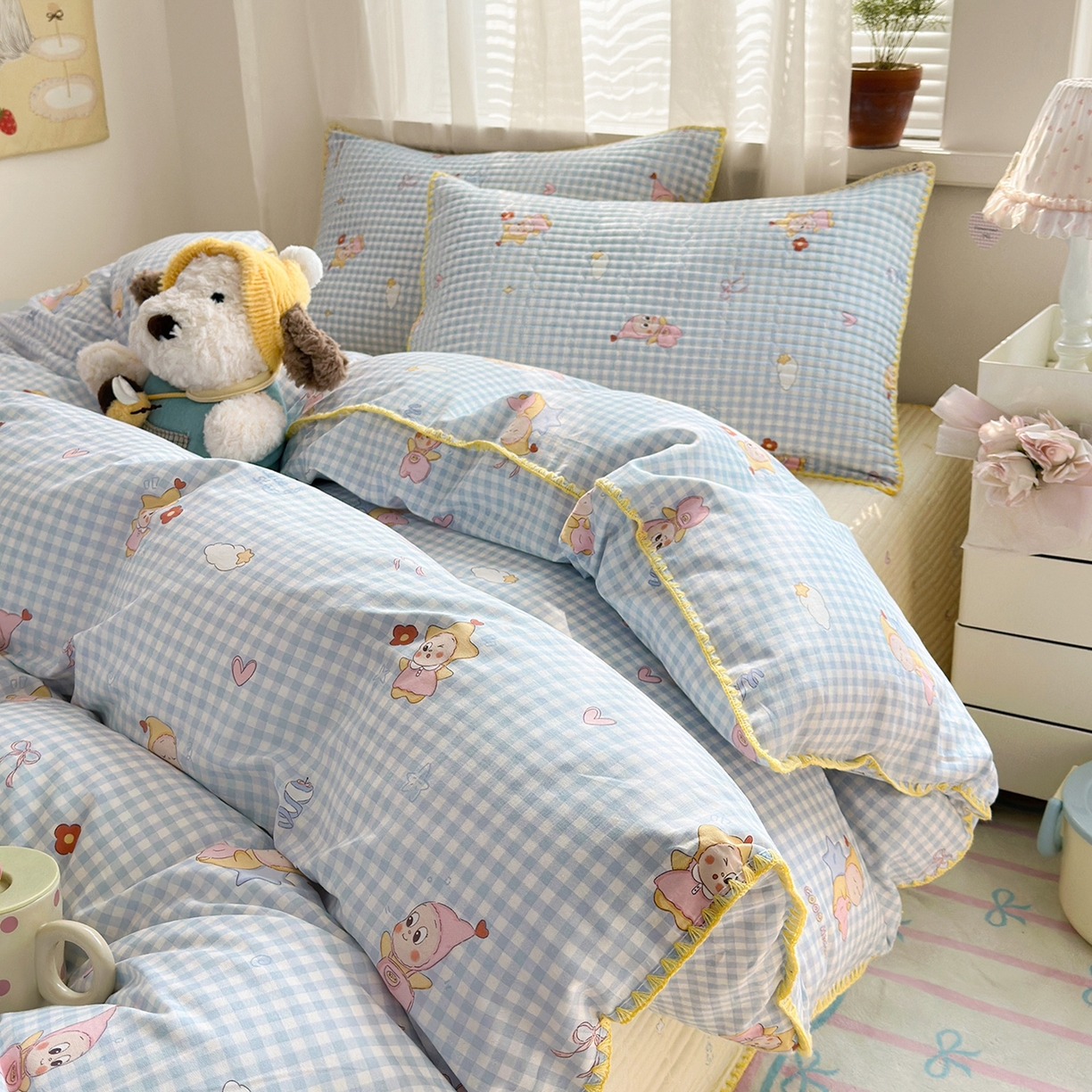 91家纺网 家纺一手货源 找家纺 妮可 2026新款贝壳边双面全棉床盖四件套 蓝格星星仔