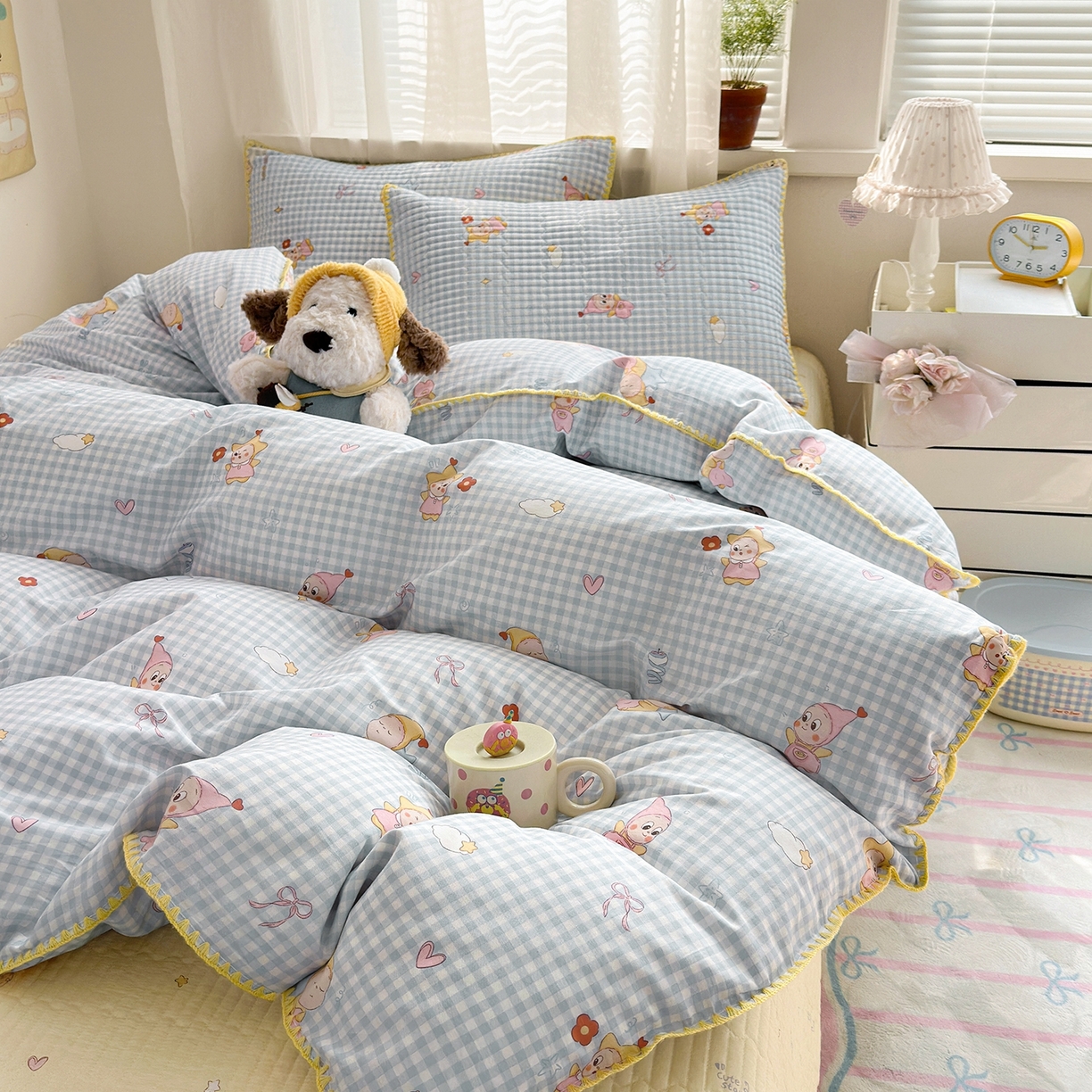 91家纺网 家纺一手货源 找家纺 妮可 2026新款贝壳边双面全棉床盖四件套 蓝格星星仔