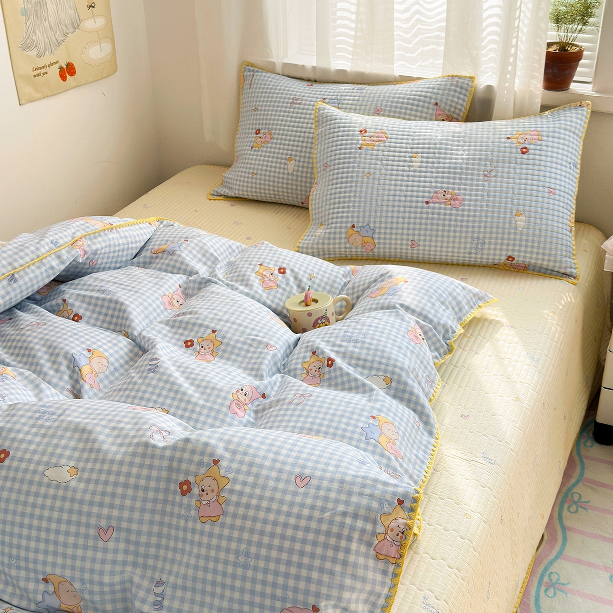 91家纺网 家纺一手货源 找家纺 妮可 2026新款贝壳边双面全棉床盖四件套 蓝格星星仔