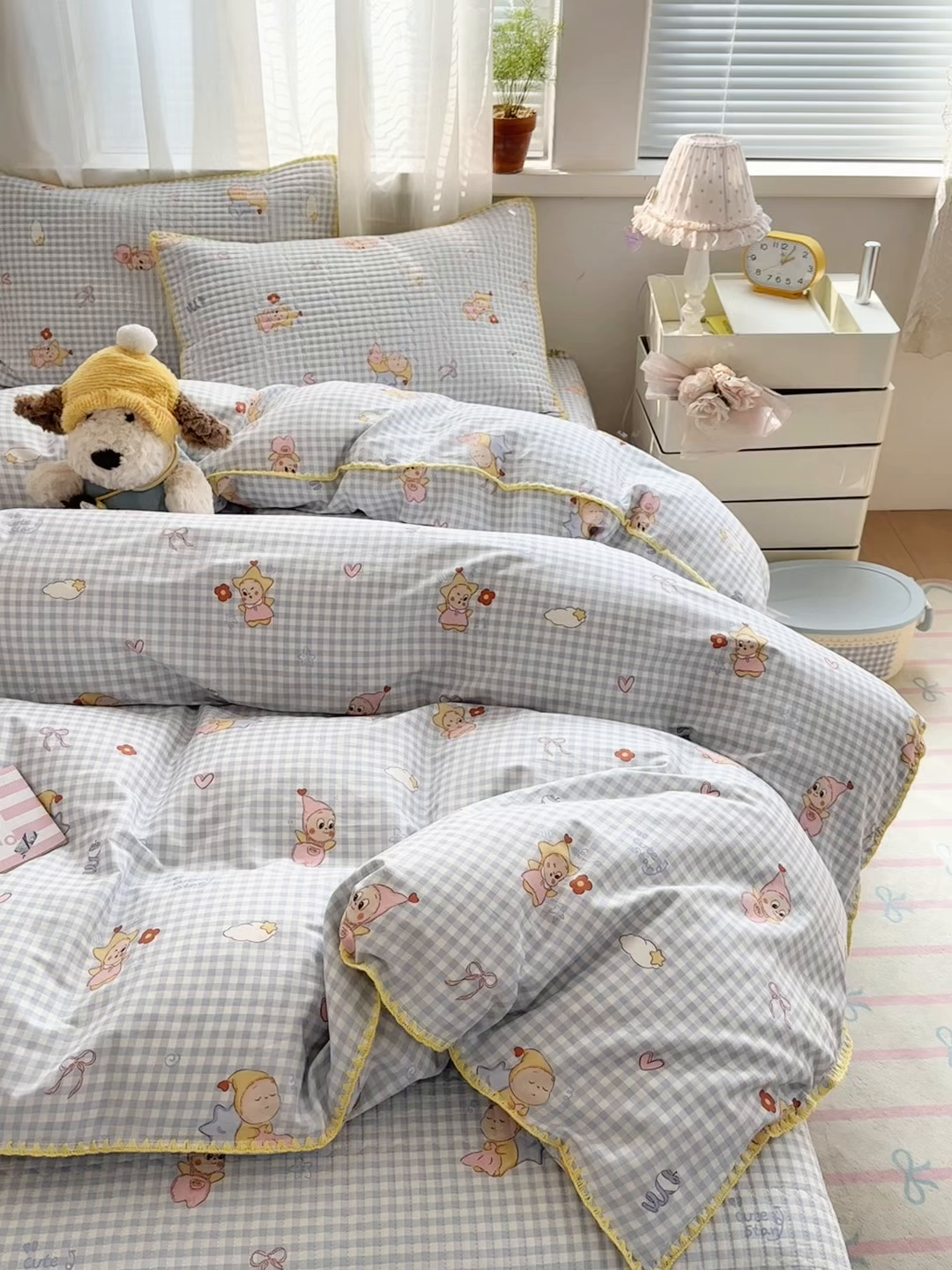 91家纺网 家纺一手货源 找家纺 妮可 2026新款贝壳边双面全棉床盖四件套 蓝格星星仔