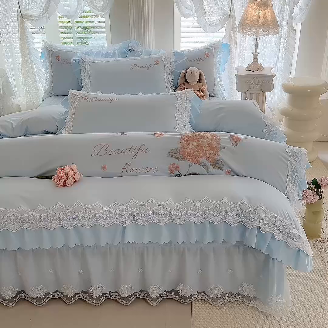 91家纺网 家纺一手货源 找家纺 苏米娜家纺SUMINA 2026韩版亲肤水洗棉公主风床盖款系列-花涧绣梦 花涧绣梦-梦幻兰