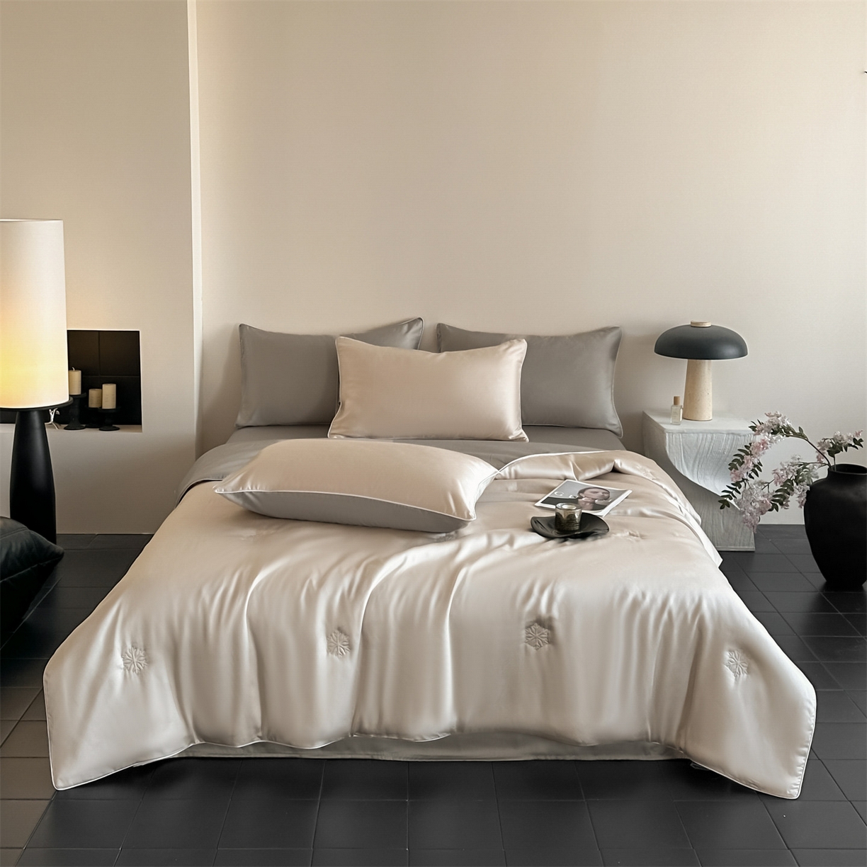 91家纺网 家纺一手货源 找家纺 无界 2026新款水洗真丝夏被-麻绳雪花绗缝-伊芙琳 伊芙琳 浅茶+冰川灰