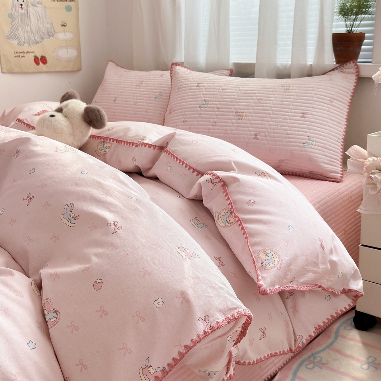 91家纺网 家纺一手货源 找家纺 妮可 2026新款贝壳边双面全棉床盖四件套 浪漫满屋