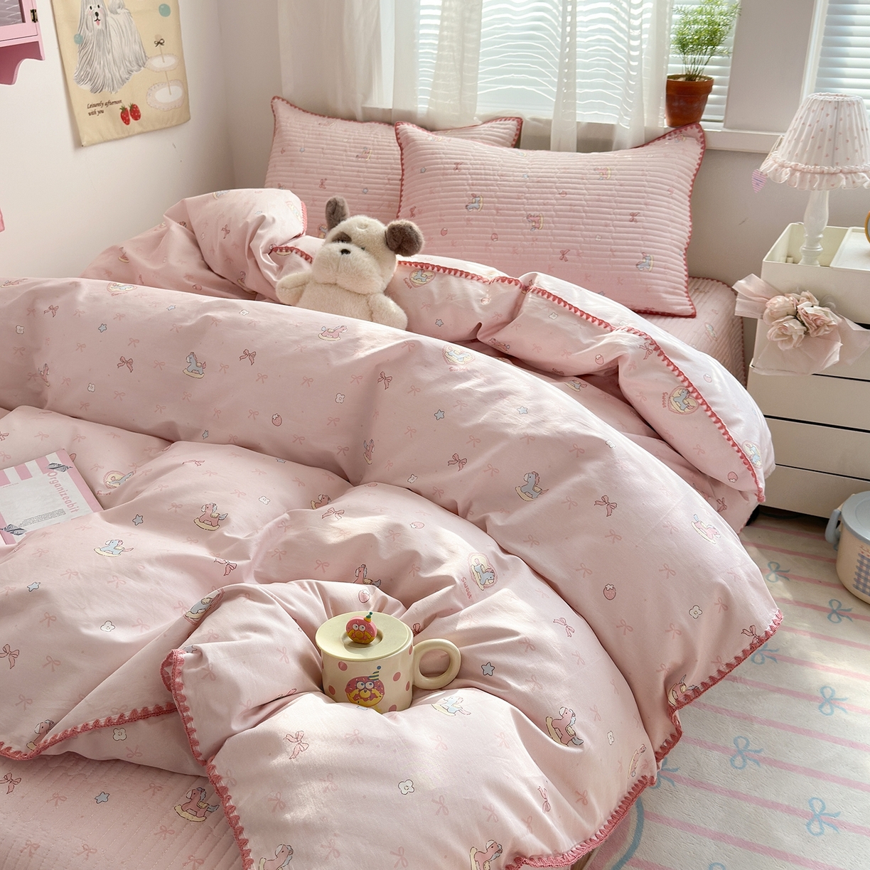 91家纺网 家纺一手货源 找家纺 妮可 2026新款贝壳边双面全棉床盖四件套 浪漫满屋