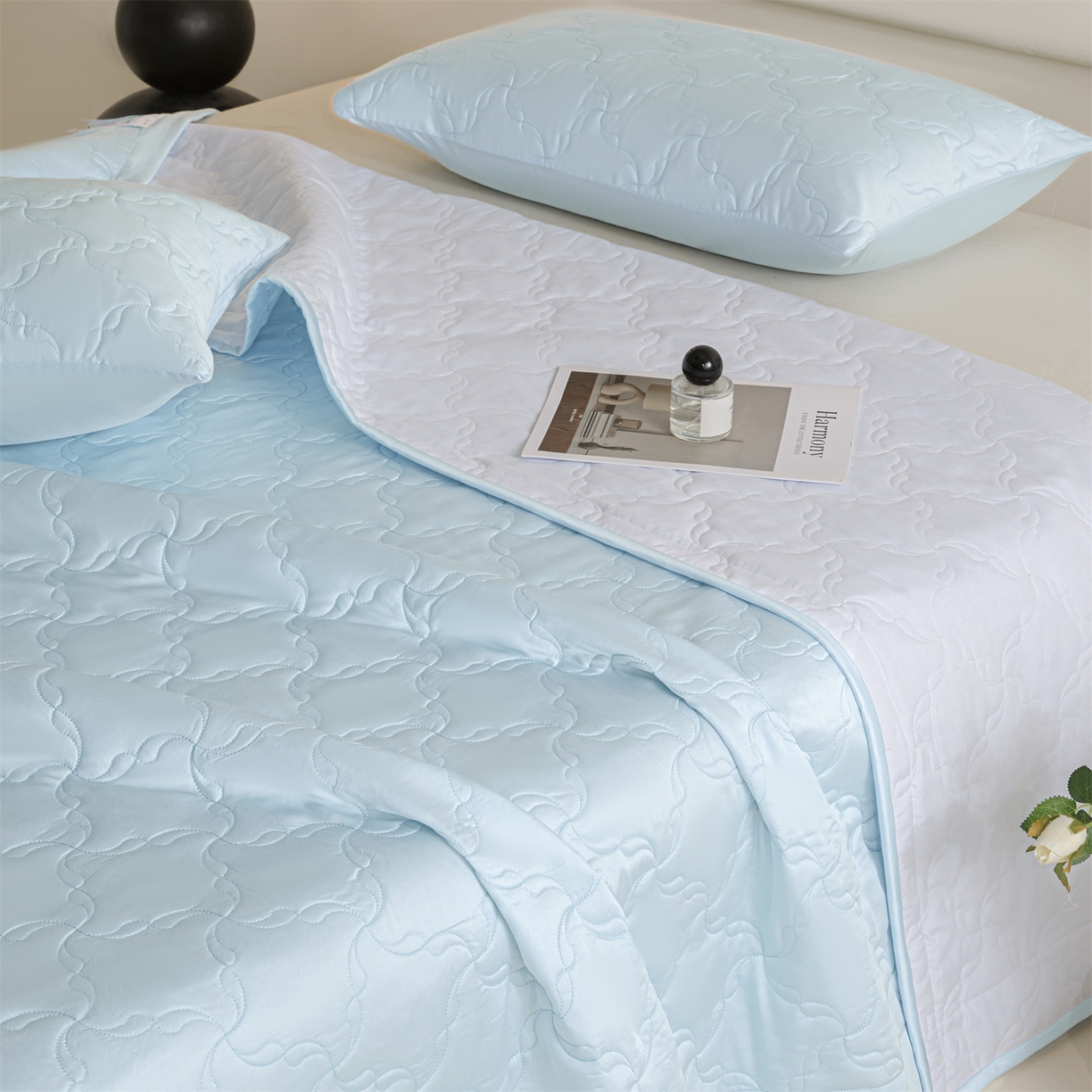 91家纺网 家纺一手货源 找家纺 DC 2026新款莱赛尔天丝夹棉螺旋方格绗缝单品床盖 淡海蓝