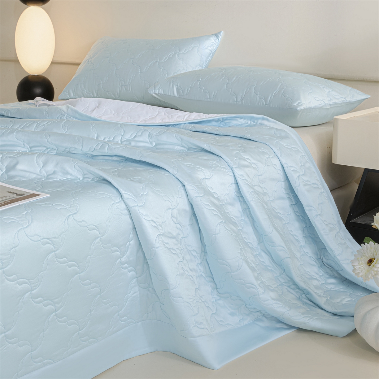 91家纺网 家纺一手货源 找家纺 DC 2026新款莱赛尔天丝夹棉螺旋方格绗缝单品床盖 淡海蓝