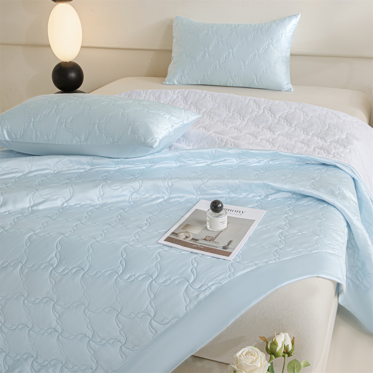 91家纺网 家纺一手货源 找家纺 DC 2026新款莱赛尔天丝夹棉螺旋方格绗缝单品床盖 淡海蓝