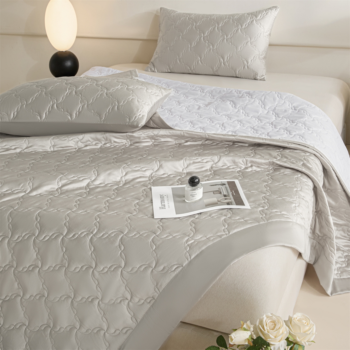 91家纺网 家纺一手货源 找家纺 DC 2026新款莱赛尔天丝夹棉螺旋方格绗缝单品床盖 椰子灰