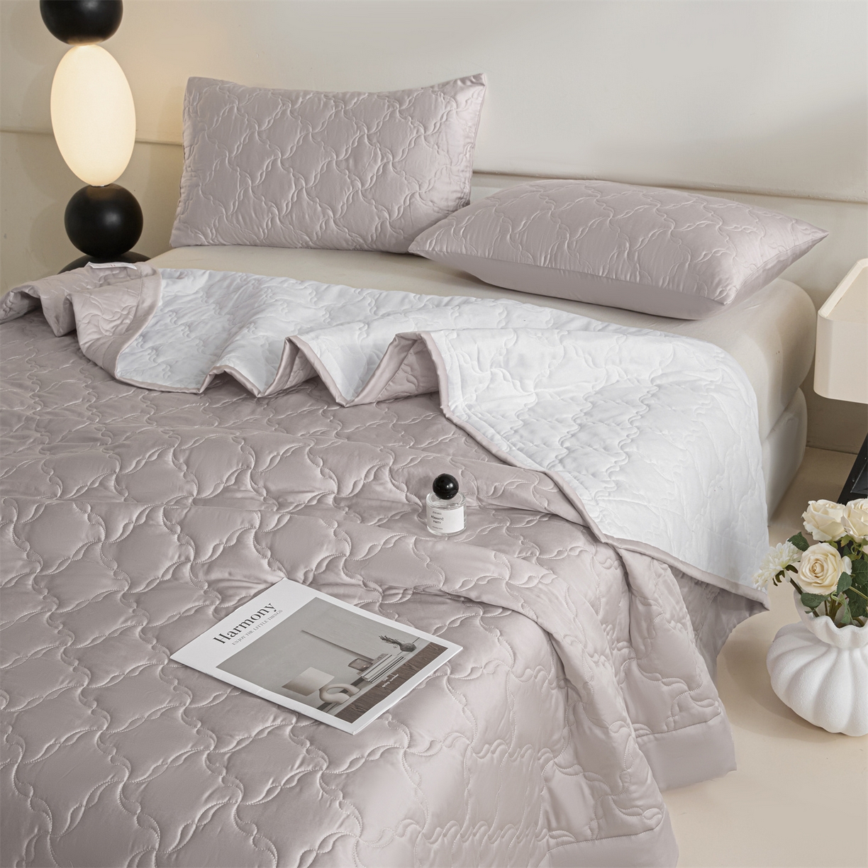 91家纺网 家纺一手货源 找家纺 DC 2026新款莱赛尔天丝夹棉螺旋方格绗缝单品床盖 水雾紫