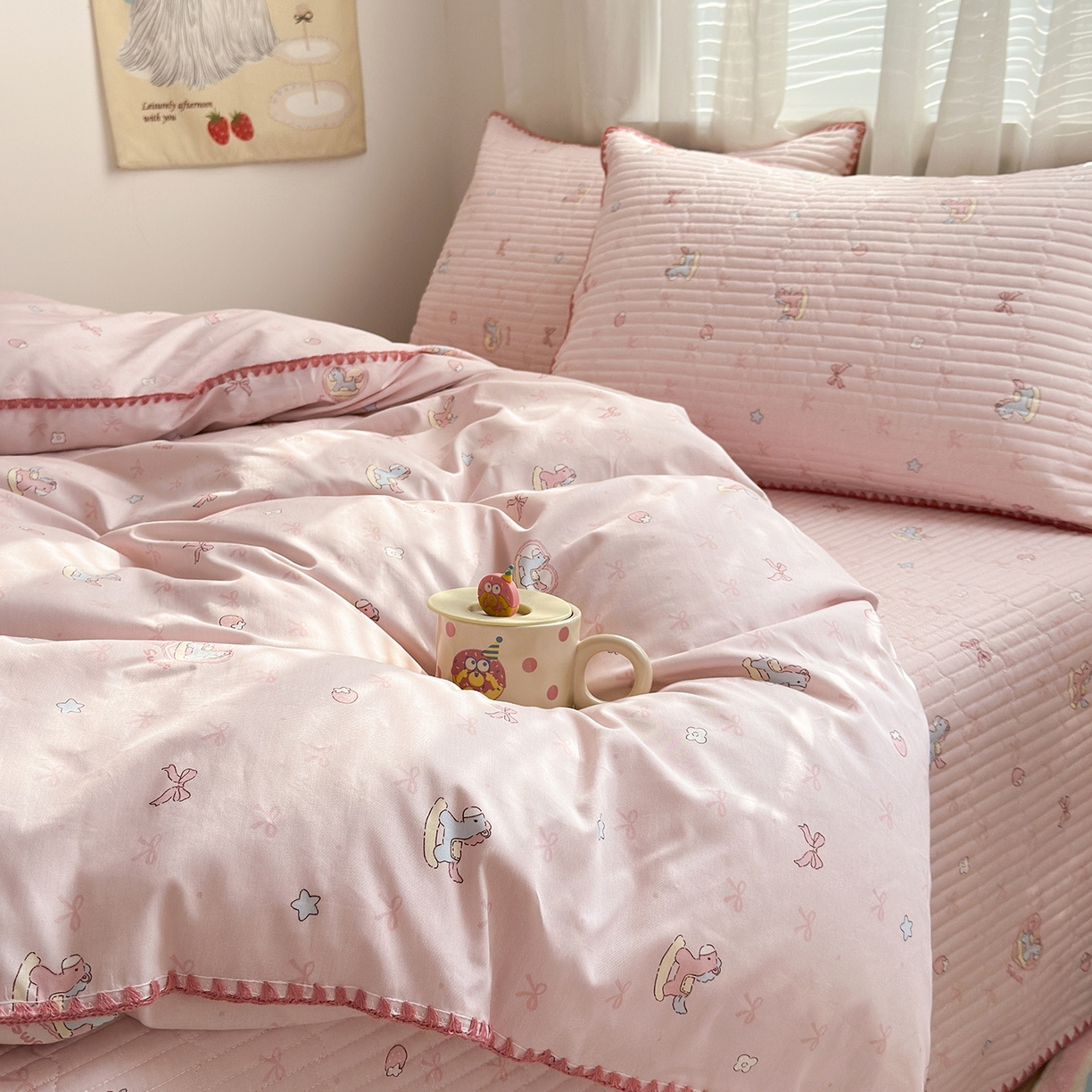 91家纺网 家纺一手货源 找家纺 妮可 2026新款贝壳边双面全棉床盖四件套 浪漫满屋