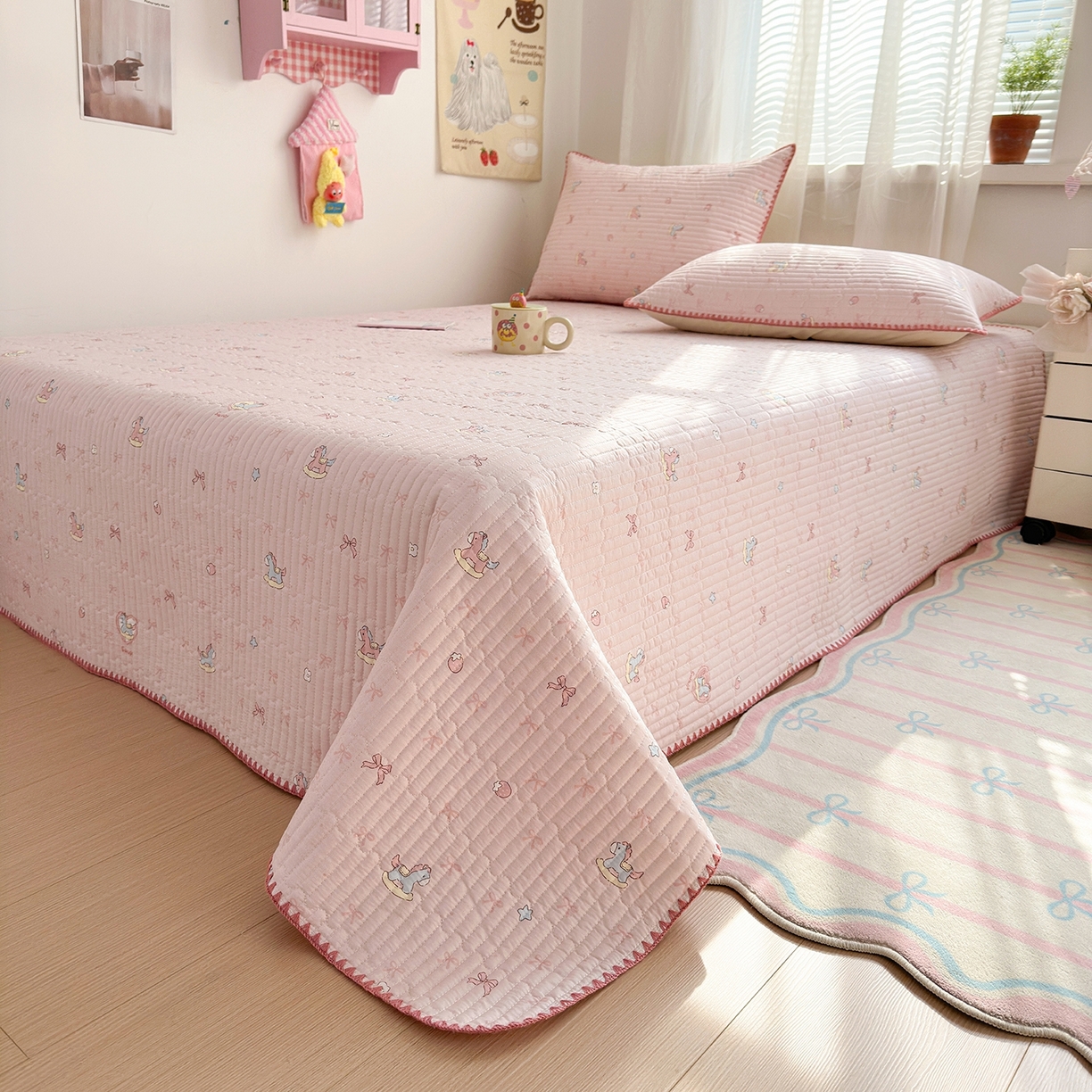 91家纺网 家纺一手货源 找家纺 妮可 2026新款贝壳边双面全棉床盖四件套 浪漫满屋