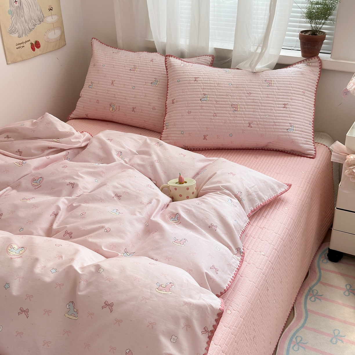 91家纺网 家纺一手货源 找家纺 妮可 2026新款贝壳边双面全棉床盖四件套 浪漫满屋