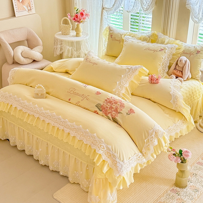 91家纺网 家纺一手货源 找家纺 苏米娜家纺SUMINA 2026韩版亲肤水洗棉公主风床盖款系列-花涧绣梦 花涧绣梦-柠檬黄