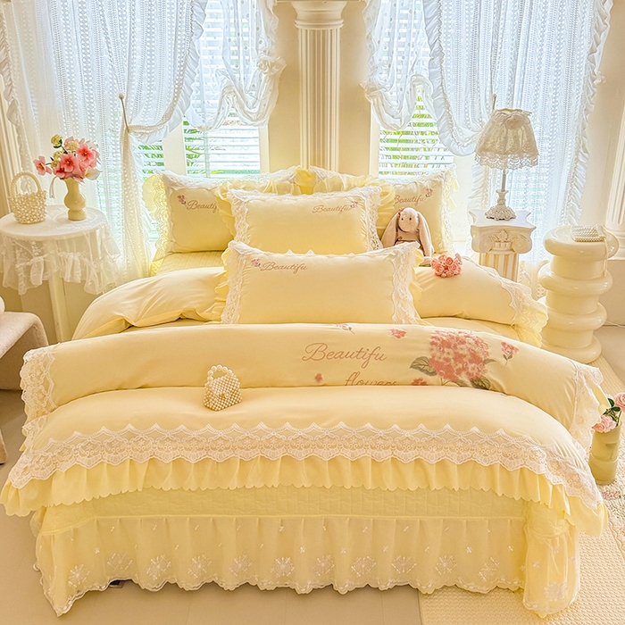 91家纺网 家纺一手货源 找家纺 苏米娜家纺SUMINA 2026韩版亲肤水洗棉公主风床盖款系列-花涧绣梦 花涧绣梦-柠檬黄