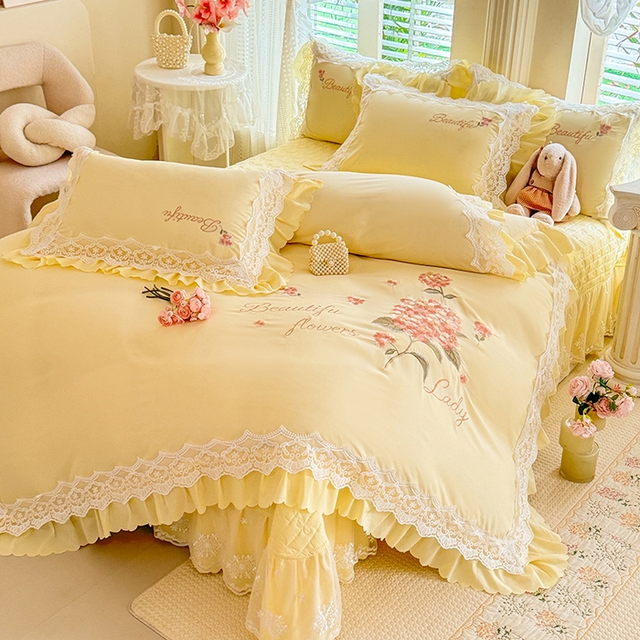 91家纺网 家纺一手货源 找家纺 苏米娜家纺SUMINA 2026韩版亲肤水洗棉公主风床盖款系列-花涧绣梦 花涧绣梦-柠檬黄