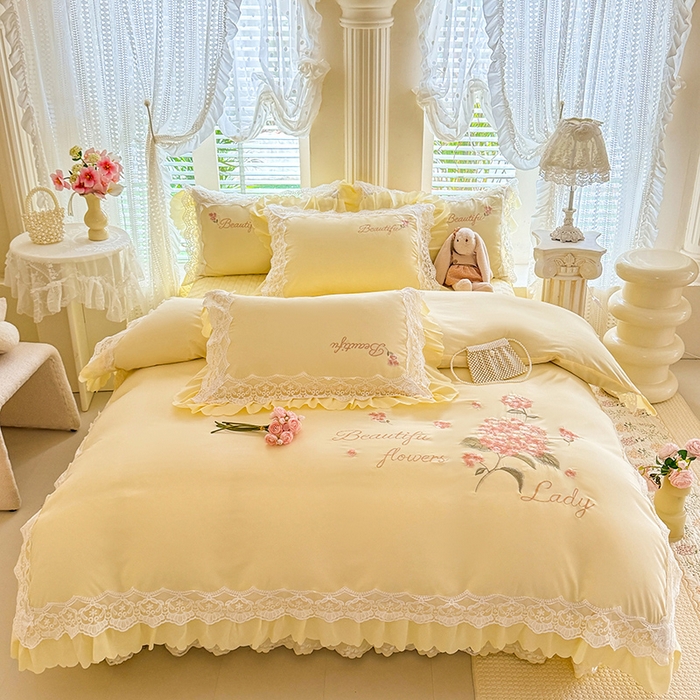 91家纺网 家纺一手货源 找家纺 苏米娜家纺SUMINA 2026韩版亲肤水洗棉公主风床盖款系列-花涧绣梦 花涧绣梦-柠檬黄