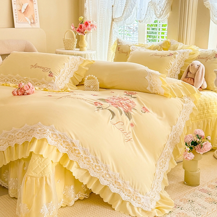 91家纺网 家纺一手货源 找家纺 苏米娜家纺SUMINA 2026韩版亲肤水洗棉公主风床盖款系列-花涧绣梦 花涧绣梦-柠檬黄