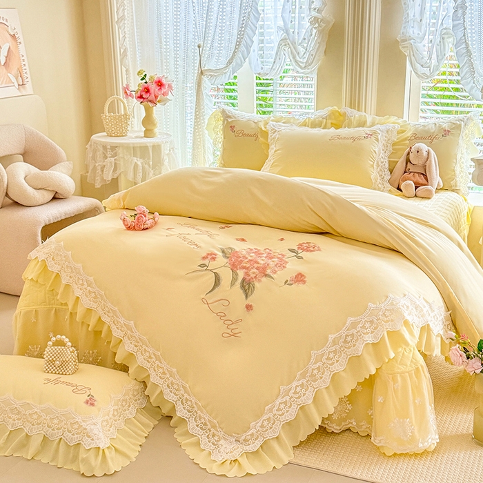 91家纺网 家纺一手货源 找家纺 苏米娜家纺SUMINA 2026韩版亲肤水洗棉公主风床盖款系列-花涧绣梦 花涧绣梦-柠檬黄